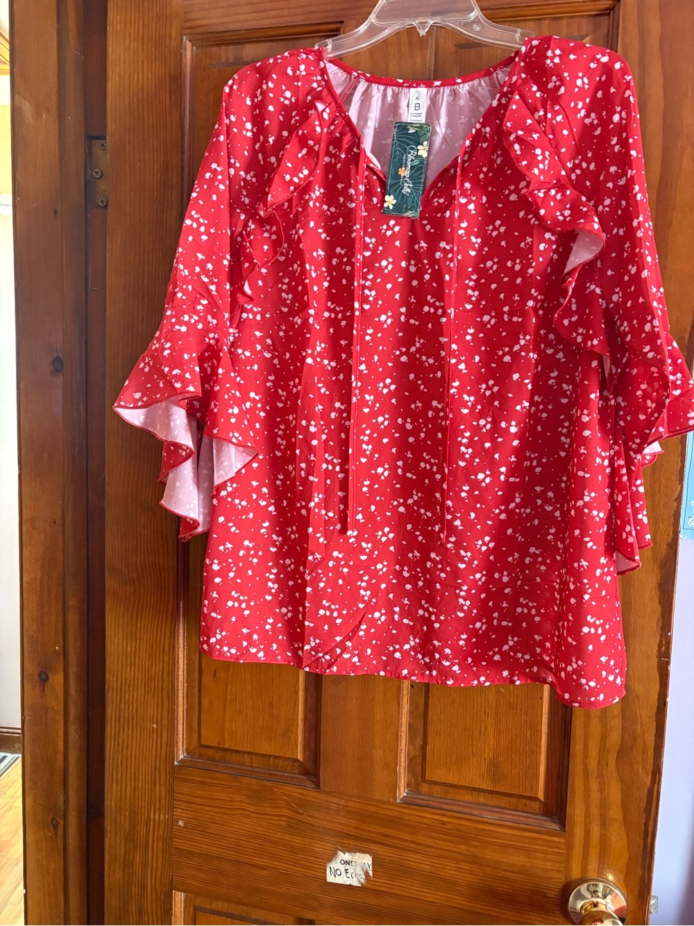 Bright Red Floral Ruffle Sleeve Blouse - Brand: